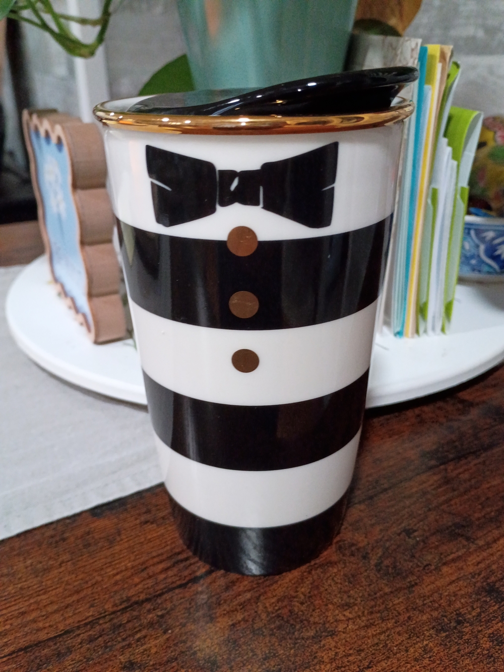 Starbucks Alice and Olivia black white striped tumbler with gold trim